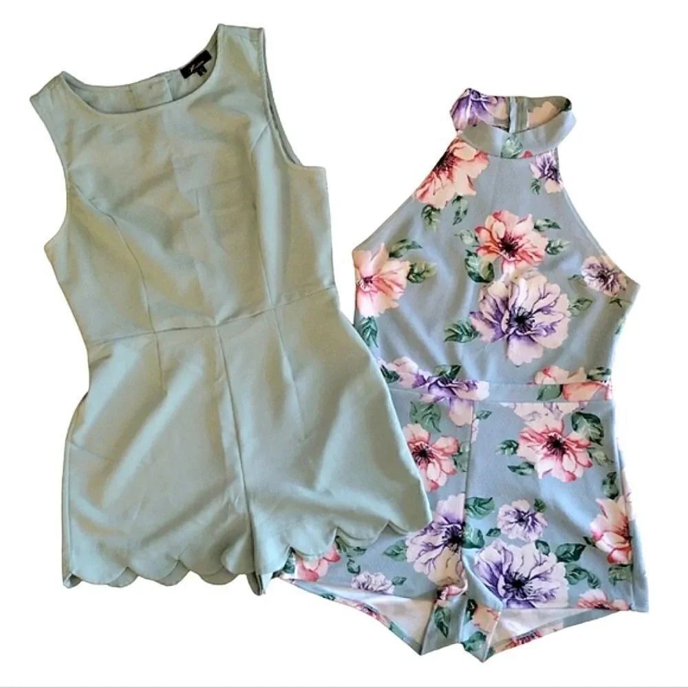 Y2K Boho High Rise Green and Floral Romper Shorts Size Large Bundle of 2